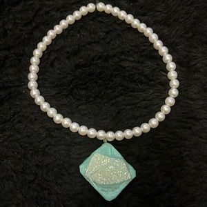 Light Blue & Whitish Glittery Charm &  Stretchy Faux Pearls Hand Design Necklace